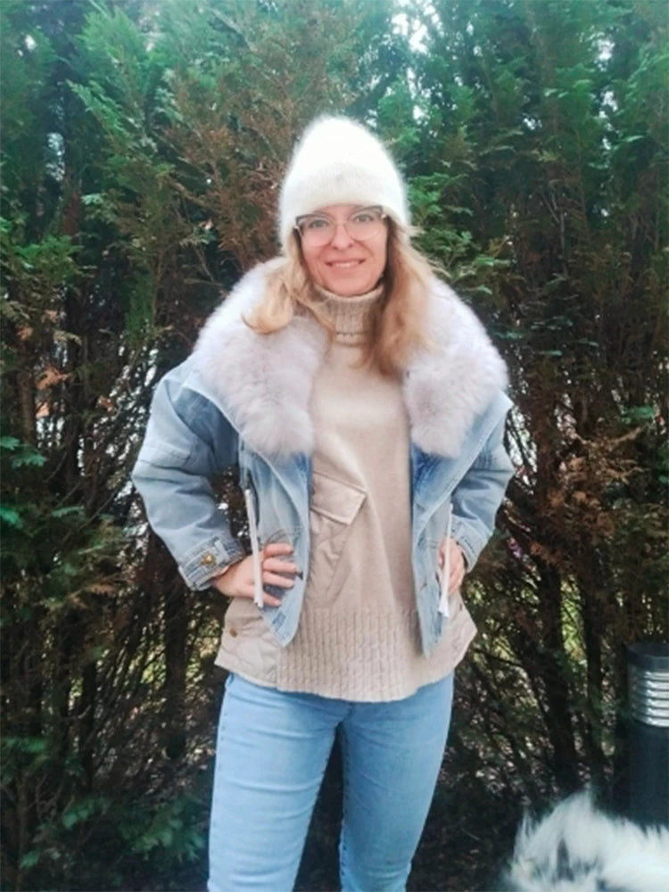 Womens Coats Spring New 100%Natural Real Fox Fur Collar Fashion Short Denim Jacket Luxury Goose Down Puffer Jackets Clothing