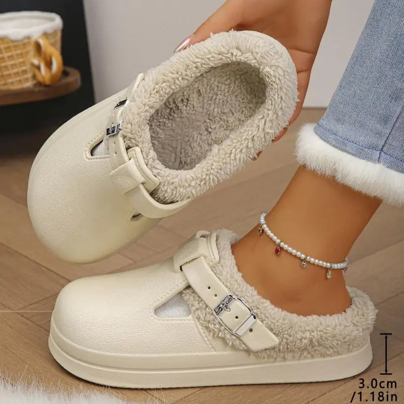 Waterproof Eva Furry Mules Slippers Women 2025 Winter Metal Buckle Warm Plush Slippers Soft Thick Bottom Non Slip Indoor Slides