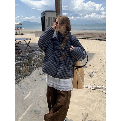 MEXZT Short Plaid Parkas Women Streetwear Stand Collar Puffer Jacket Winter Korean Down Coats Fashion Cotton Padded Outerwears