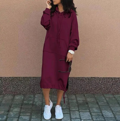 2023 Autumn and Winter Fashion New Women's Sweater Robe Large Hooded Elegant Pocket Split Warm Hoodie Long Dress