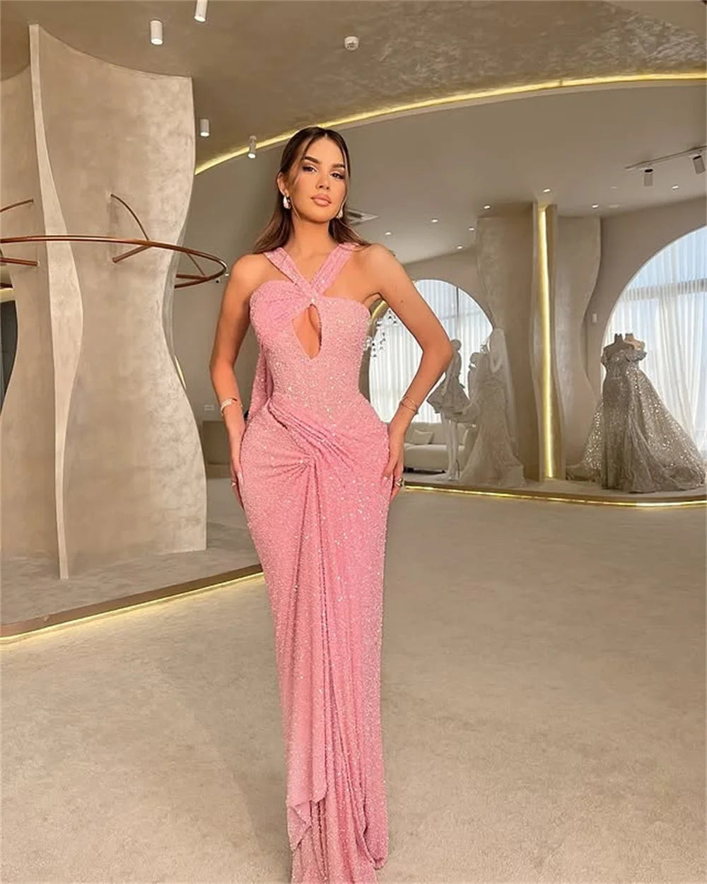 Mila Halter Neck Mermaid Prom Dresses Cut-out Sleeveless Evening Dresses Floor-Length Shiny Sequins Customized Party Dresses