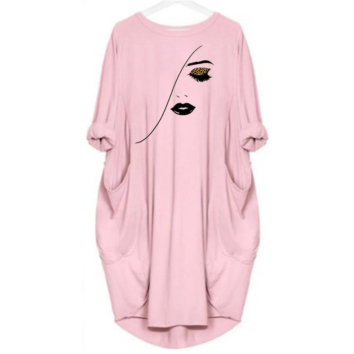 Women's Spring and Summer Sketched Portrait Pattern Printed Casual Fashion Loose Large Size Long Sleeve Pocket Dress