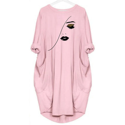 Women's Spring and Summer Sketched Portrait Pattern Printed Casual Fashion Loose Large Size Long Sleeve Pocket Dress