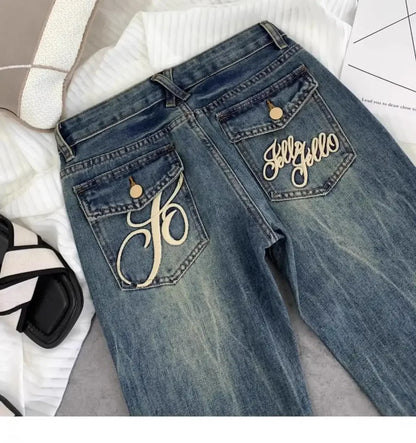 American Retro Low-waisted Jeans Female Autumn New Embroidery Old Casual Fashion Temperament Slim Joker Bell Bottoms.