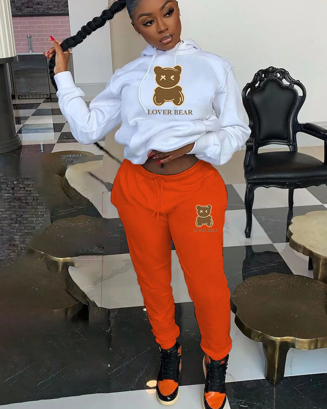 2 Piece Set Women Outfit Letter Bear Print Hooded Neck Hoodies Sweatshirt Pants Tracksuit 2024 Plus Size Streetwear Casual Suit