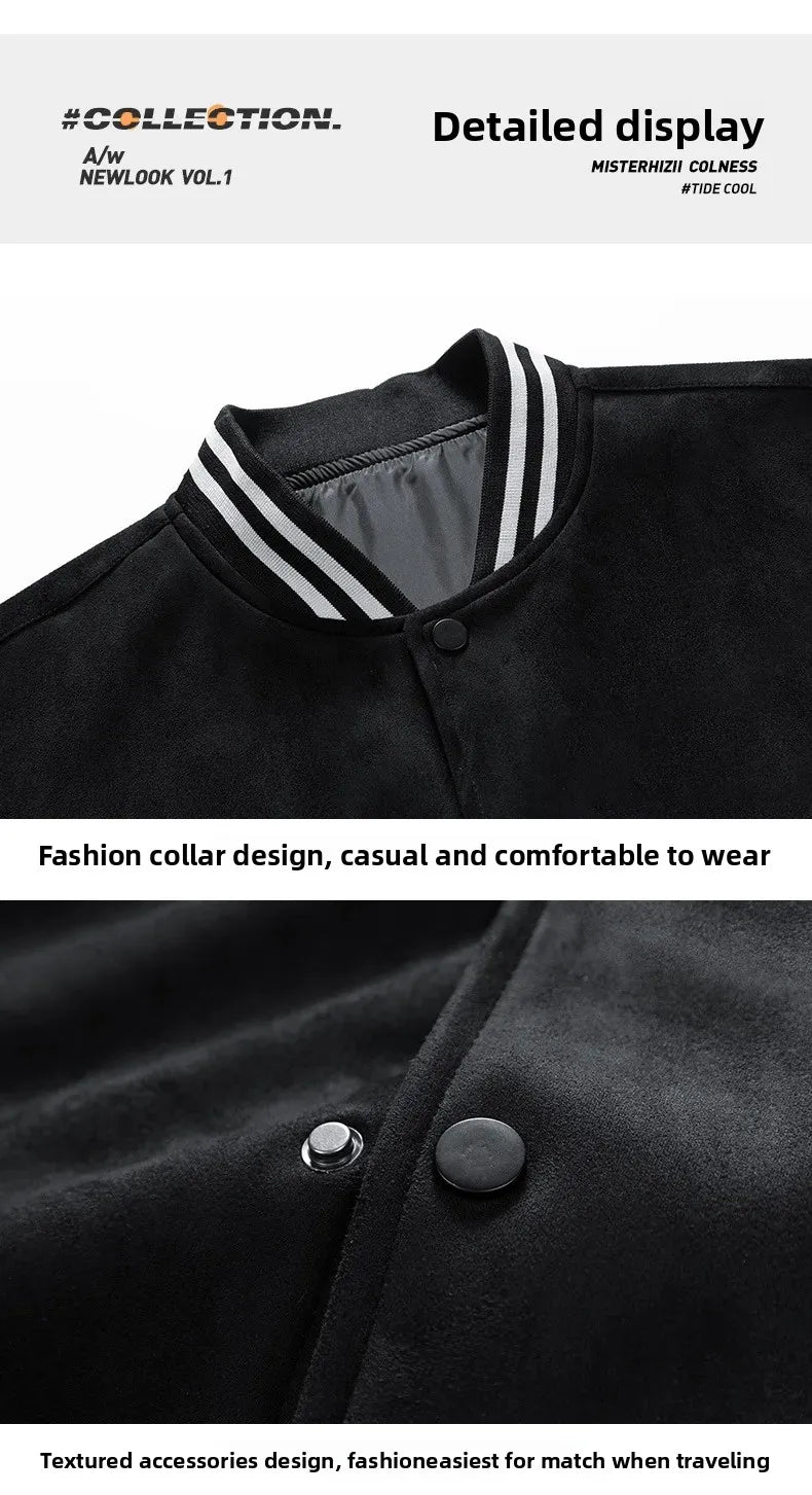American Retro Suede Baseball Jacket Men's Spring Autumn Casual Leather Sleeve Outerwear JK819 Public Version Couple's Style
