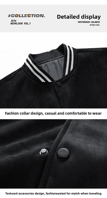 American Retro Suede Baseball Jacket Men's Spring Autumn Casual Leather Sleeve Outerwear JK819 Public Version Couple's Style