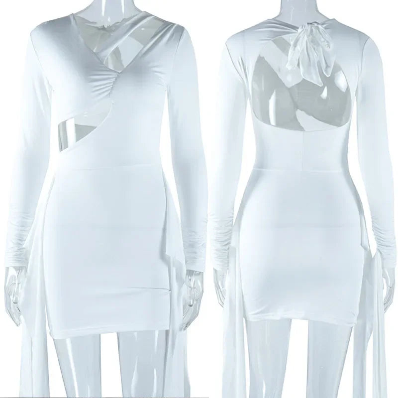 Elegant Black White Bodycon Dresses for Woman Long Sleeve Hollow Out Lace-Up Backless Bandage Party Dress Club Vestido Branco