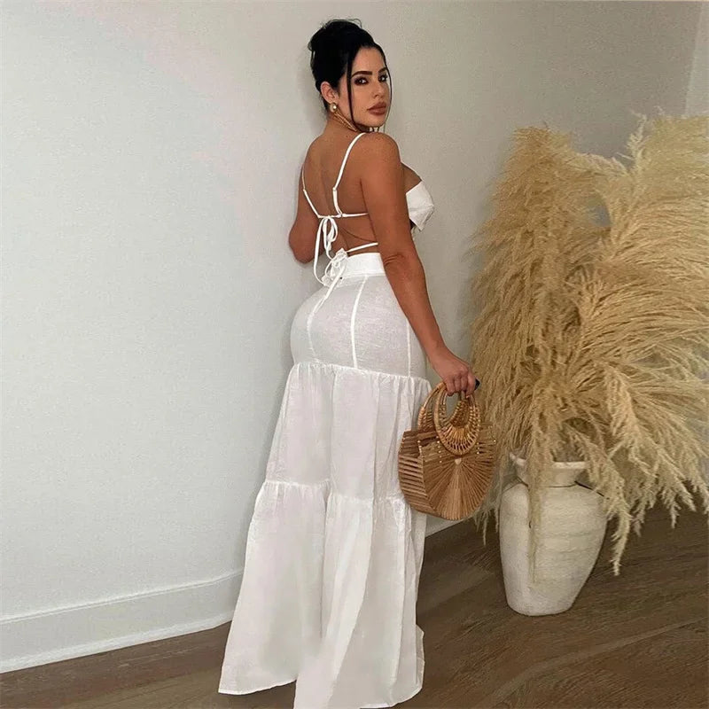 Sexy Party Club 2 Piece Sets Women Outfit Summer Dress Flower Crop Top and Long Skirt Set Elegant Vacation Festival Outfits