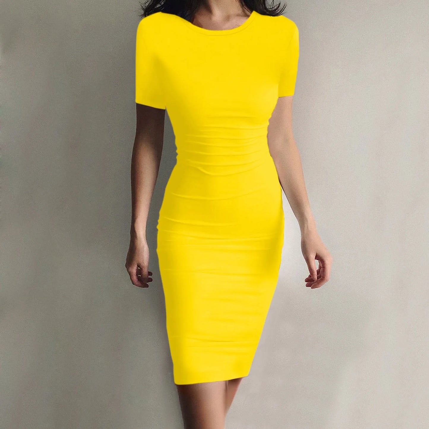 Fashion Women Short Sleeve Slim Fitting Dress Summer Solid Color Round Neck Elegant Dress Tight Robe Street Style Skinny Dress