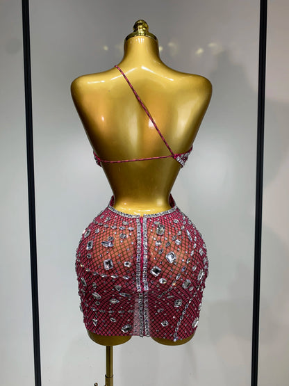 Sexy Sparkly Diamond Backless Short Dress 2025 Women Sleeveless Mesh See Through Evening Birthday Gown Singer Stage Outfit