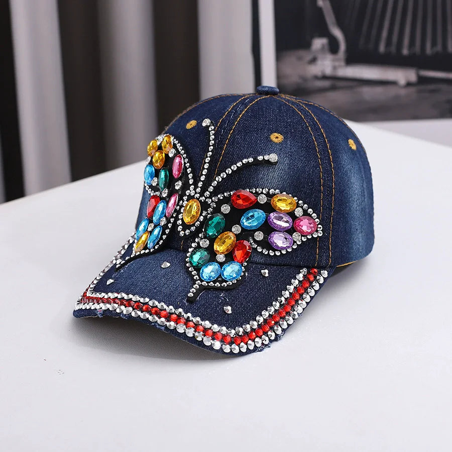 Fashionable And Versatile Outdoor Casual Baseball Cap With Colorful Diamond Inlay, Trendy Butterfly, Middle-Aged Duckbill Cap
