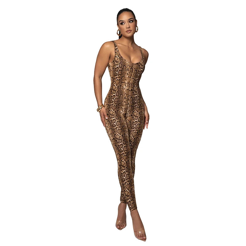 Sexy Sling Sleeveless Backless Snake Print/Leopard Print Jumpsuit for Women Skinny Fashion Nightclub Party Wear Sexy Streetwear