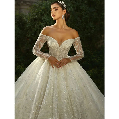 Wedding Dresses Ball Gowns Sequins Beading Lace Bridal Dresses Off Shoulder Long Sleeves Train Vestidos De Noiva Customized