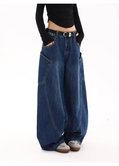 American Retro Knife Pocket Wide Leg Jeans Women's Spring Autumn Style Hot Girl High Street Design Loose Floor-Length Pants