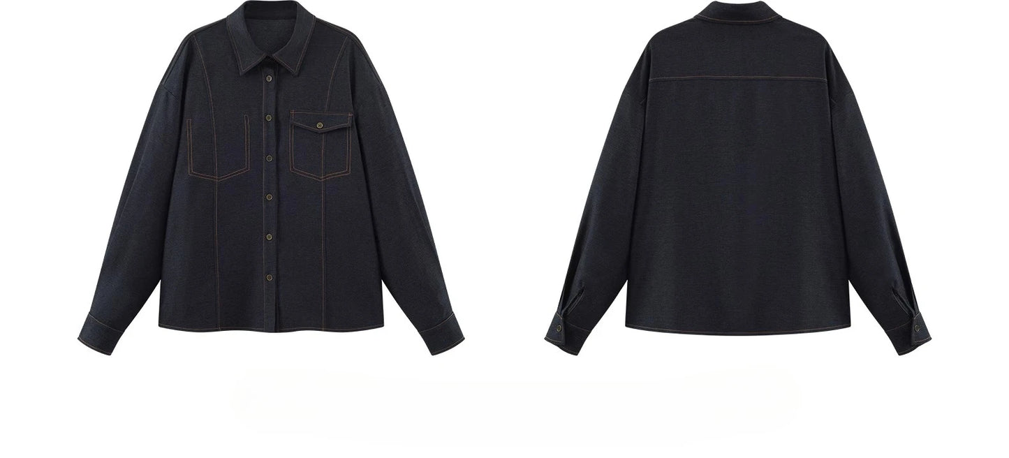 Casual Contrast Stitch Shirt Jacket Loose Long Sleeve Blouse for Women Stylish Collared Overshirt for Autumn Layered Slim Look