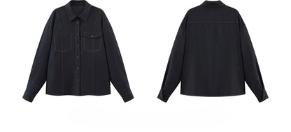 Casual Contrast Stitch Shirt Jacket Loose Long Sleeve Blouse for Women Stylish Collared Overshirt for Autumn Layered Slim Look