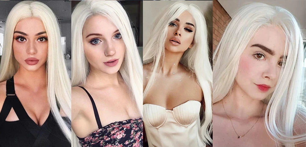Voguequeen Platinum Blonde Synthetic Lace Front Wigs Silky Straight Heat Resistant Fiber Daily Wear For Women