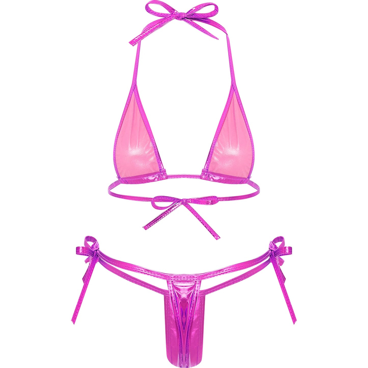 Womens Brazilian Micro Bikini Swimsuit Biquini Set Lacing Non-Padded Triangle Cup Bra Top with G-String Metallic Shiny Swimwear