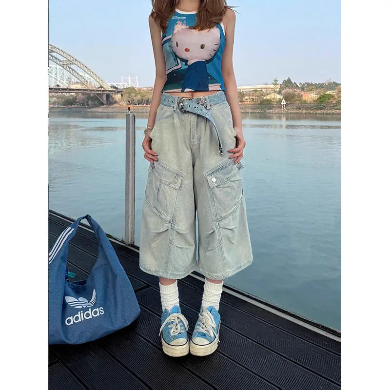 Deeptown Y2k Vintage Harajuku Denim Shorts Women Washed Letter Embroidery Tassels American Retro Jeans Man Baggy Hip Hop Jorts