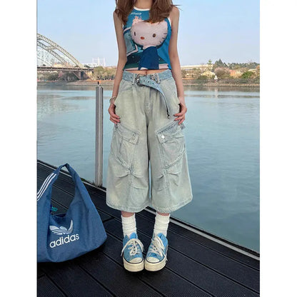 Deeptown Y2k Vintage Harajuku Denim Shorts Women Washed Letter Embroidery Tassels American Retro Jeans Man Baggy Hip Hop Jorts