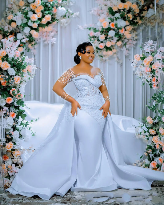 Customized Illusion Scoop Neck Handmade Beads Appliques Mermaid Wedding Dress Long Sleeves  De Novias 2025 with Removable Skirt