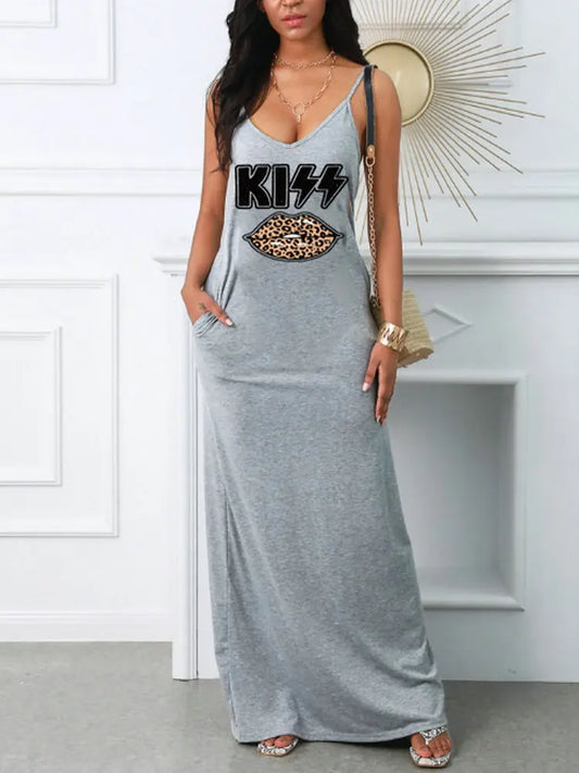 Women's Summer Sexy Suspender Printed Dress Pocket T-shirt Style Mini Dresses Summer Casual Loose Dress Vestidos