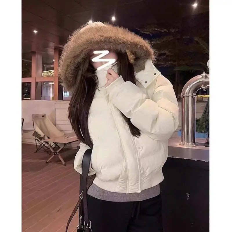 Autumn Winter Fur Hooded Jacket Women Outerwear Thick Dowon Cotton Padded Slim Short Parkas Female Cropped Puffer Bubble Coat