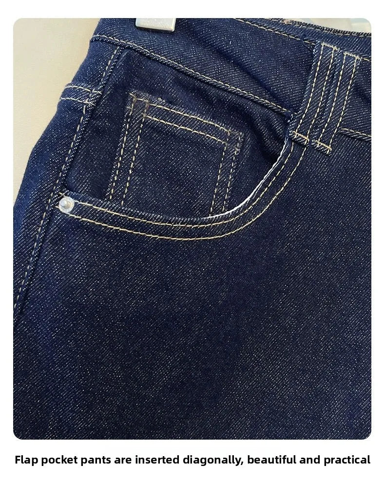 Female Trousers Women Button Zipper Closure Pockets Cozy Lady Pants Stylish Navy Blue Denim High Waisted Wide Leg Casual Jeans