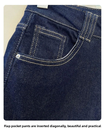 Female Trousers Women Button Zipper Closure Pockets Cozy Lady Pants Stylish Navy Blue Denim High Waisted Wide Leg Casual Jeans