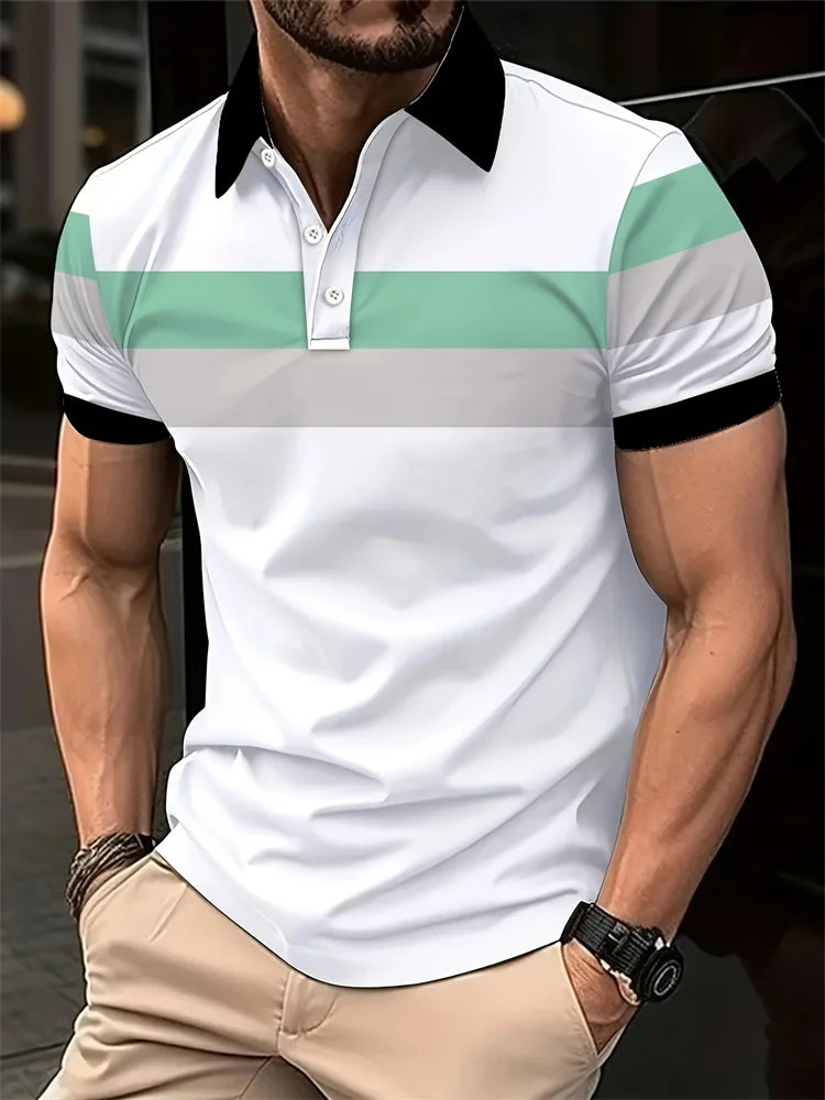 Men's Casual Polo Shirt Fashion Stitching Line Design Slight Stretch Comfortable Fabric Plus Size Men's Lapel Short Sleeves Top