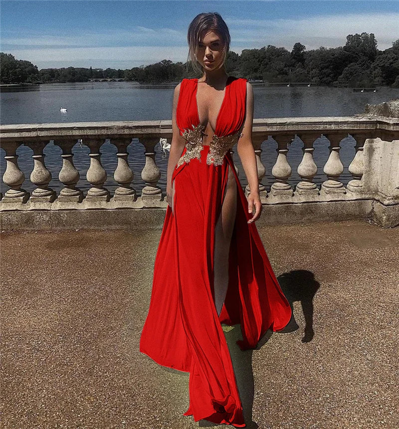 Sexy Deep V-neck Embroidery High Slit Maxi Dress Women Elegant Evening Wedding Sleeveless Backless Party Long Dresses Robe Femme