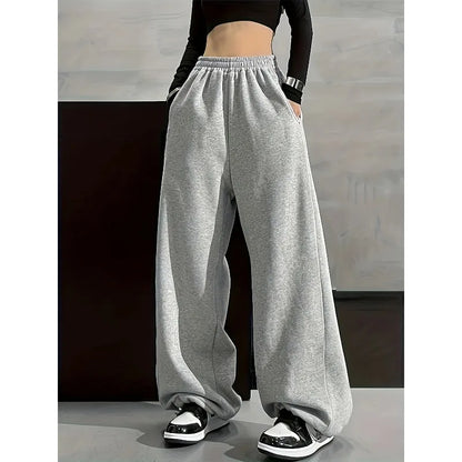 Solid Color Comfortable Wide Leg Pants with Elastic Waist Pocket, Casual Loose Fit for Autumn and Winter
