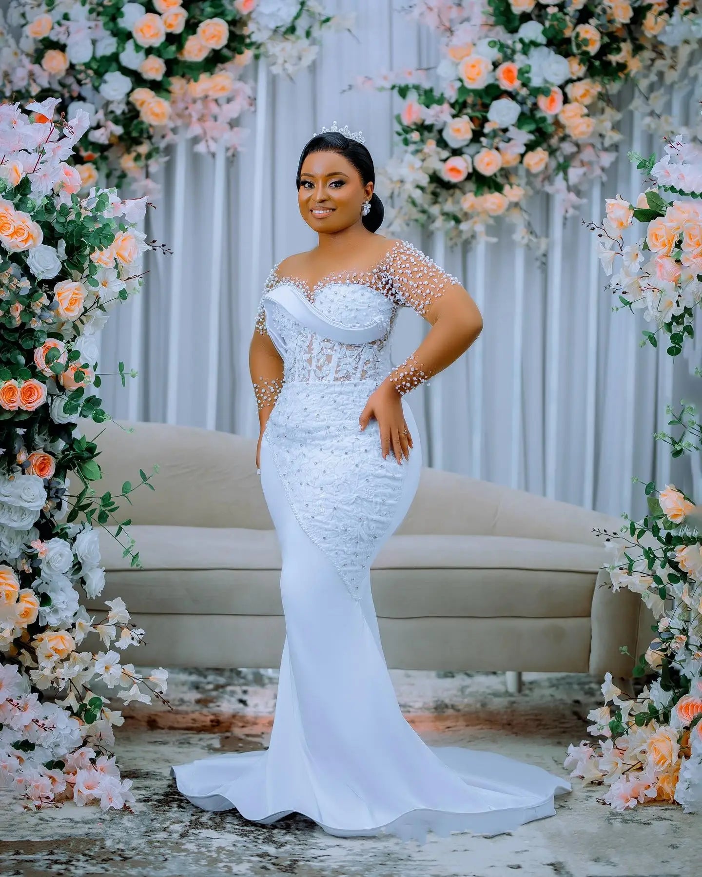 Customized Illusion Scoop Neck Handmade Beads Appliques Mermaid Wedding Dress Long Sleeves  De Novias 2025 with Removable Skirt