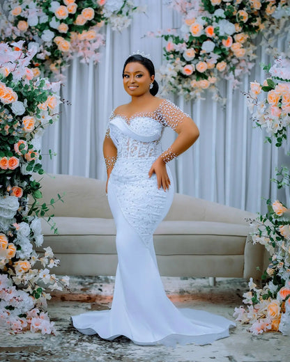 Customized Illusion Scoop Neck Handmade Beads Appliques Mermaid Wedding Dress Long Sleeves  De Novias 2025 with Removable Skirt