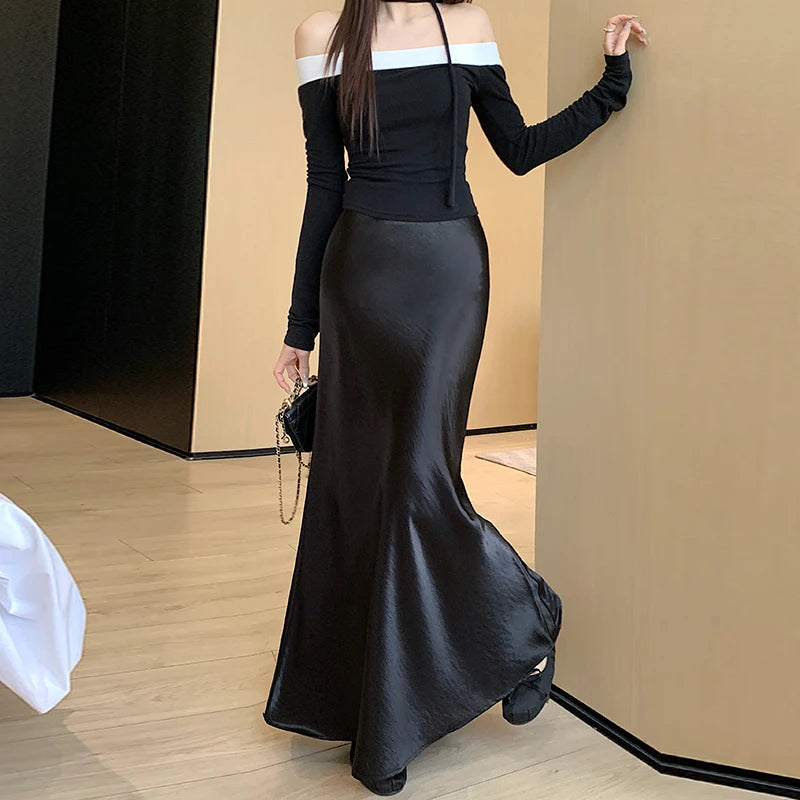 High Waist Elegant Satin Women's Mermaid Long Skirts 2026 New Autumn Solid Slim Korean A-line Wrap Fishtail Skirts Female