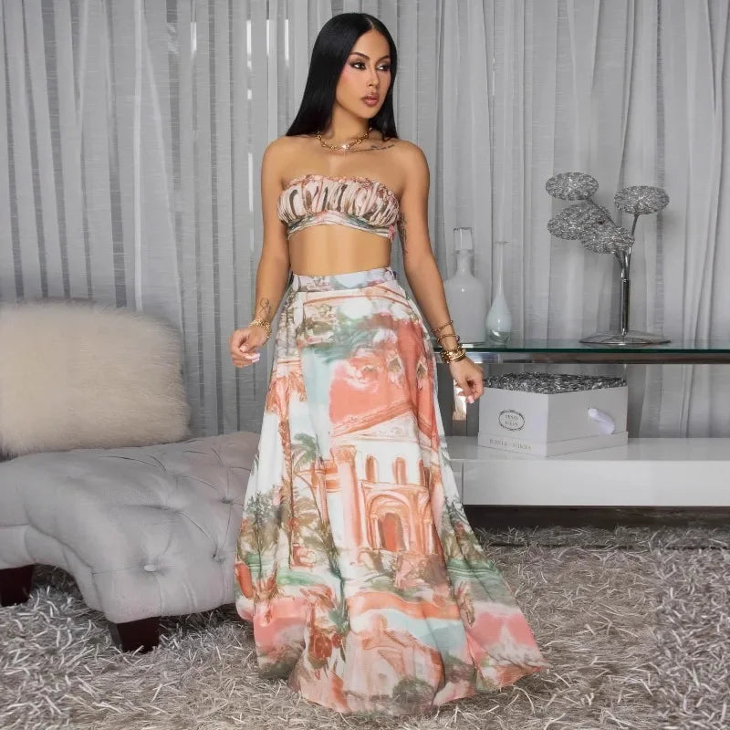 Doyerl Pattern Printing Party Dress Sets Women Two Piece Set Vacation Club Wear Crop Top and Long Skirt Matching Sets Outfits