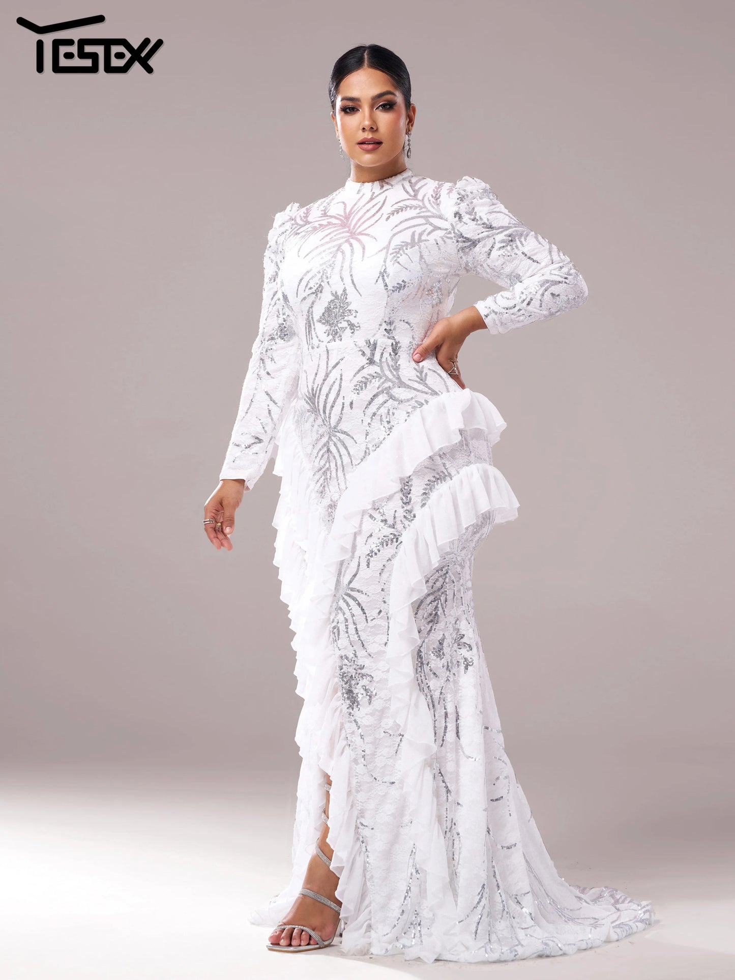 Yesexy Plus Size Elegant Beautiful Women Round Neck Long Sleeved Split Evening Gown Wedding Birthday Party Formal Occasion Dress