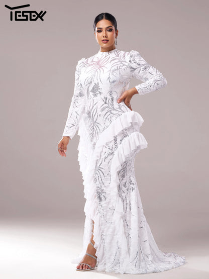 Yesexy Plus Size Elegant Beautiful Women Round Neck Long Sleeved Split Evening Gown Wedding Birthday Party Formal Occasion Dress