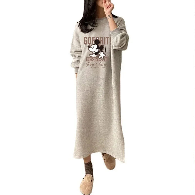 Cartoon Printing Fleece Lined Thickened Women's Sweatshirt Dress Loose Fit Idle Style Over Knee Long Straight Leg Dressin