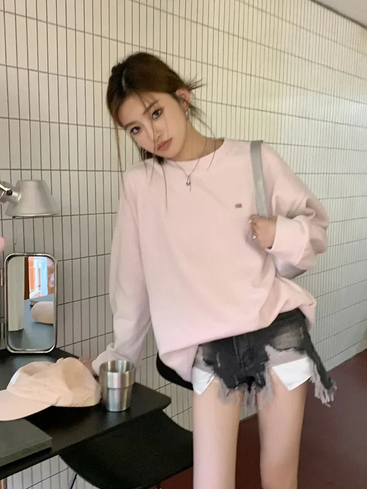 Light Pink Lettered Oversized Shoulder Sweatshirt Women's Full Sleeve round Neck Spring Autumn New Style Comfortable Casual Top