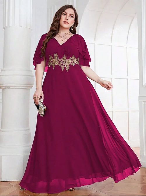 Plus size V-neck 4XL5XL luxury chiffon floor-length bridesmaid wedding evening dress Big Size chiffon Prom Gown for Women 2024
