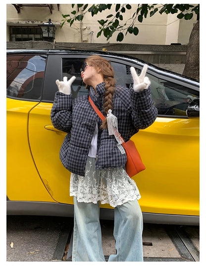 MEXZT Short Plaid Parkas Women Streetwear Stand Collar Puffer Jacket Winter Korean Down Coats Fashion Cotton Padded Outerwears
