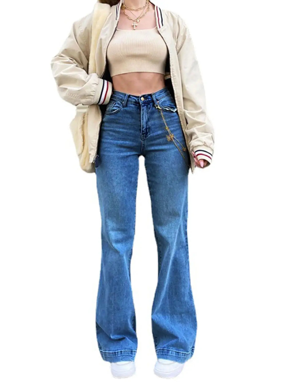 Women Denim Flared Pants Casual Solid Color Stretchy High Waist Bell Bottom Jeans Streetwear Baggy Jeans For Women Trousers