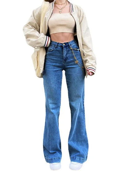 Women Denim Flared Pants Casual Solid Color Stretchy High Waist Bell Bottom Jeans Streetwear Baggy Jeans For Women Trousers
