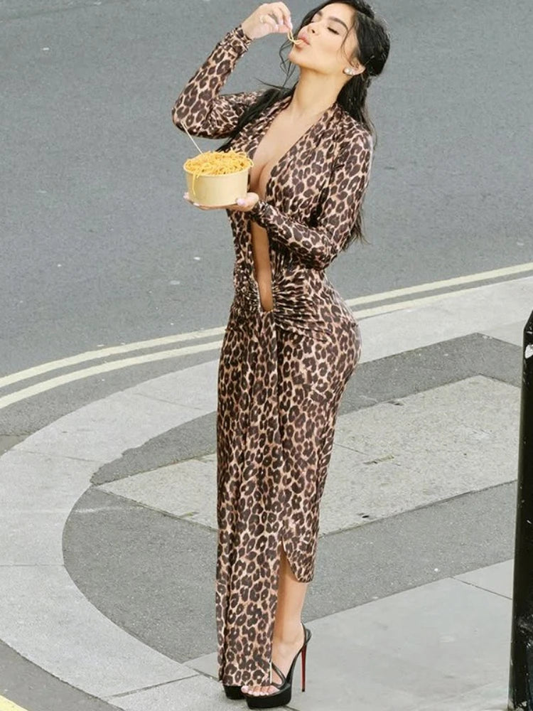Woman Clothes Deep V-neck High Slit Long Dress Sexy Chic Hollow Out Leopard Printed Party Dresses Female Slim Night Club Outfit