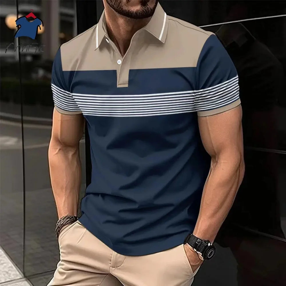 New Summer Striped Patchwork Striped Men's Polo T-shirt Fashion Lapel Button Sports Trend Street Wear Short Sleeve Top Men Shirt