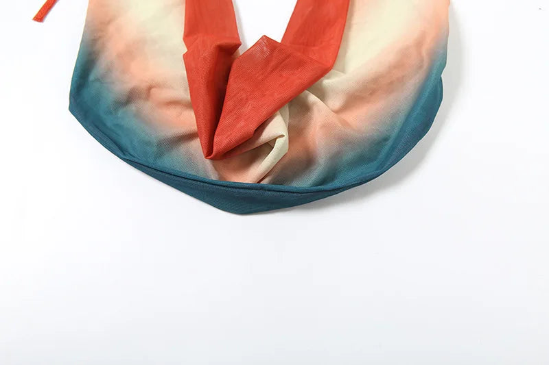 VEITCHE Summer Women Print Mesh Sexy Halter Skirt 2 Pieces Sets Off-shoulder Sleeveless Backless Tops And Skirt Two Pieces Sets