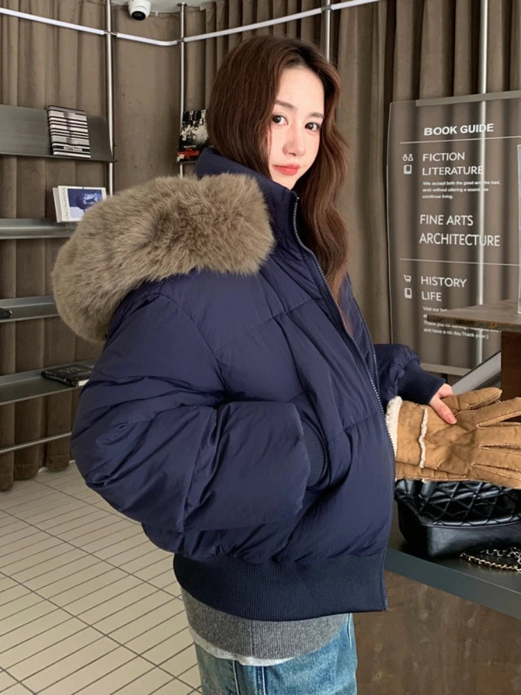 Casual Warm Fur Hooded Cropped Parkas Chic Streetwear Korean Style Down Cotton Coat Thicken Short Women's Winter 2025 Jacket