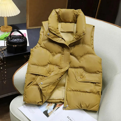 Down Cotton Vest Women 2025 New Autumn Winter Fashion Stand Collar All-Match Warm Sleeveless Waistcoat Jacket Ladies Female Tops